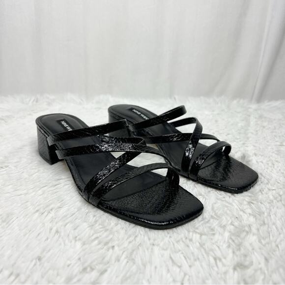 NINE WEST / Remy black faux leather croc embossed strappy block heel sandal /7.5 - Picture 1 of 11